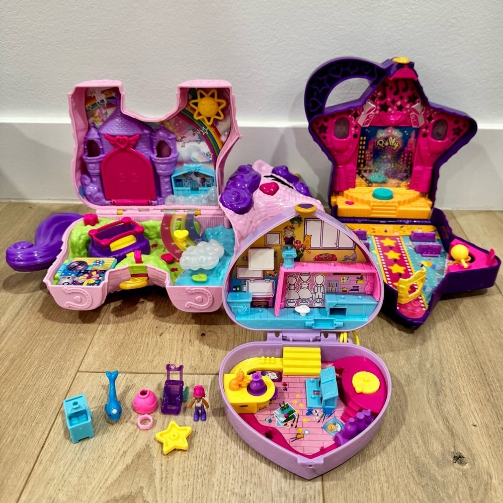 Vtg Polly Pocket Lot Compacts + Unicorn Party Playset Mattel Shani Art Studio
